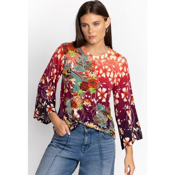 EUC Johnny Was Adalena Kimono Sleeve Tee Size XS Floral Dragon Print Stretch Top - Picture 1 of 12